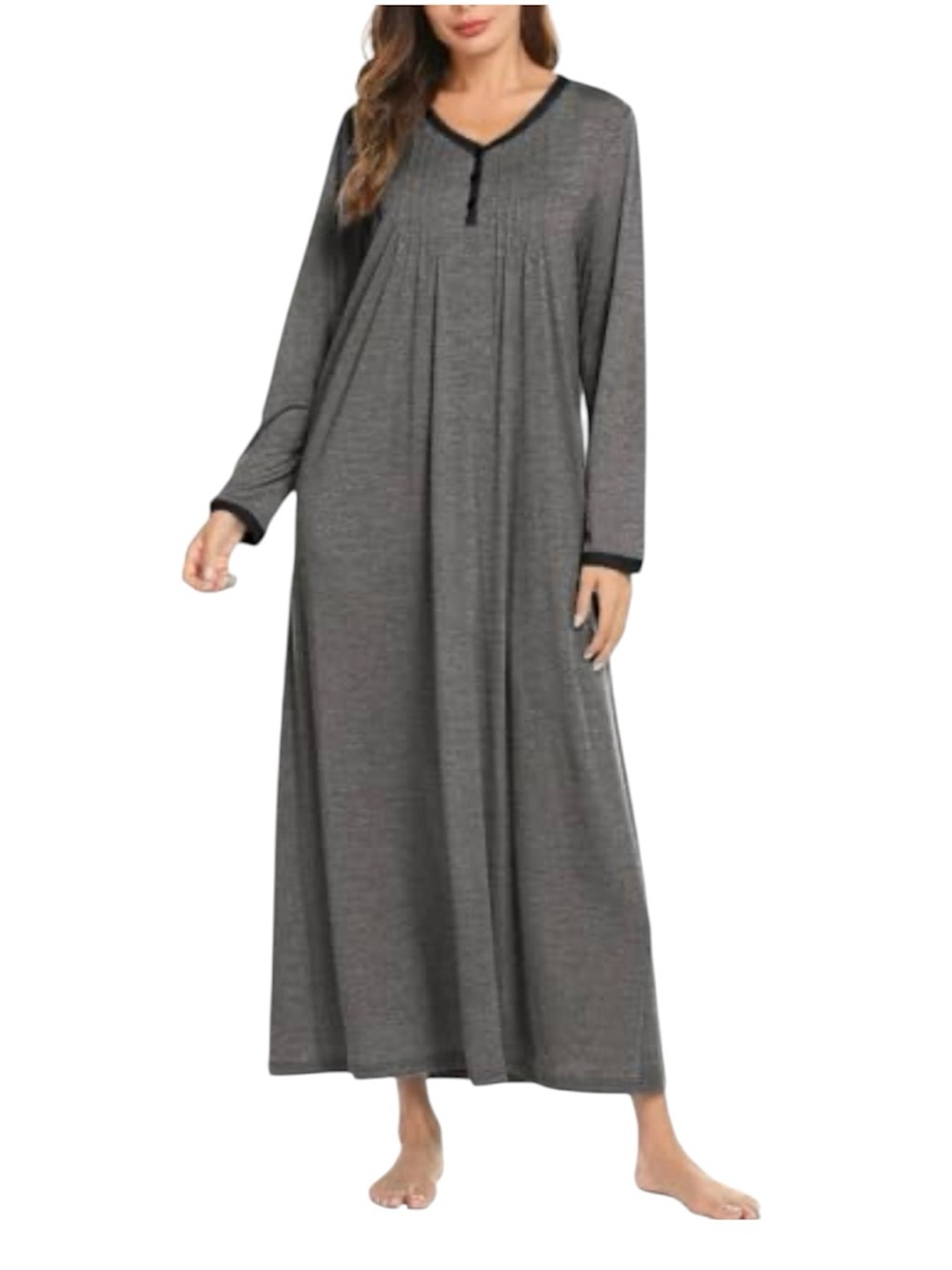 Ekouaer Long Grey Long-Sleeve Women's Nightgown with Contrast Trim